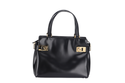 SALVATORE FERRAGAMO VINTAGE GANCINI BAG BLACK MEDIUM SMOOTH LEATHER GOLD HARDWARE AQ-21.0167 WITH DUST COVER