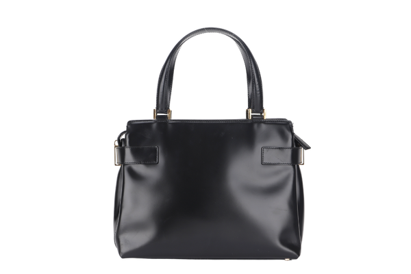 SALVATORE FERRAGAMO VINTAGE GANCINI BAG BLACK MEDIUM SMOOTH LEATHER GOLD HARDWARE AQ-21.0167 WITH DUST COVER