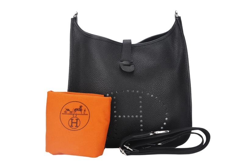 HERMES EVELYN III GM BLACK CLEMENCE LEATHER STAMP T (YEAR 2015)  WITH STRAP AND DUST COVER