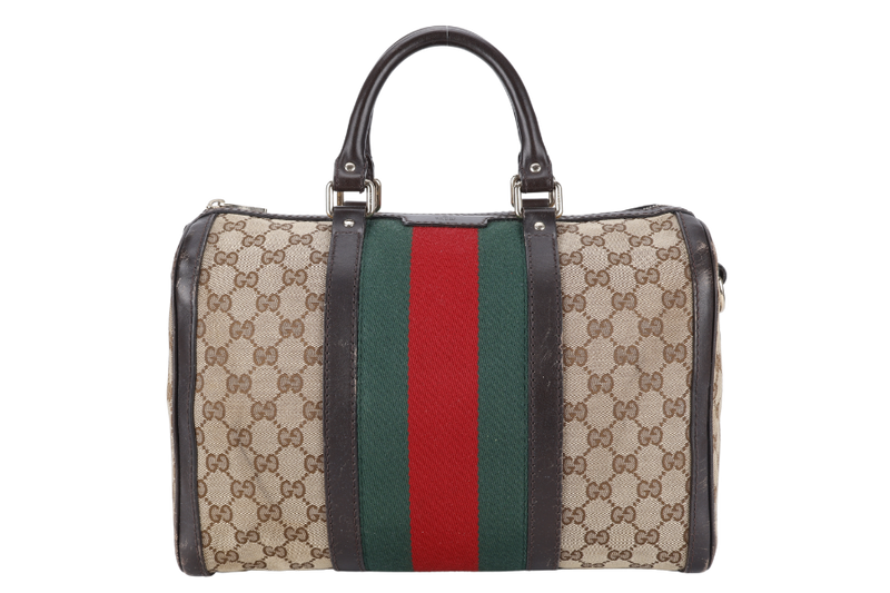 GUCCI BOSTON BAG MEDIUM GG CANVAS VINTAGE WEB GOLD HARDWARE WITH LEATHER STRAPS NO DUST COVER