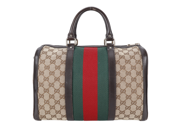 GUCCI BOSTON BAG MEDIUM GG CANVAS VINTAGE WEB GOLD HARDWARE WITH LEATHER STRAPS NO DUST COVER