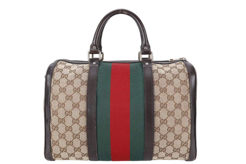 GUCCI BOSTON BAG MEDIUM GG CANVAS VINTAGE WEB GOLD HARDWARE WITH LEATHER STRAPS NO DUST COVER