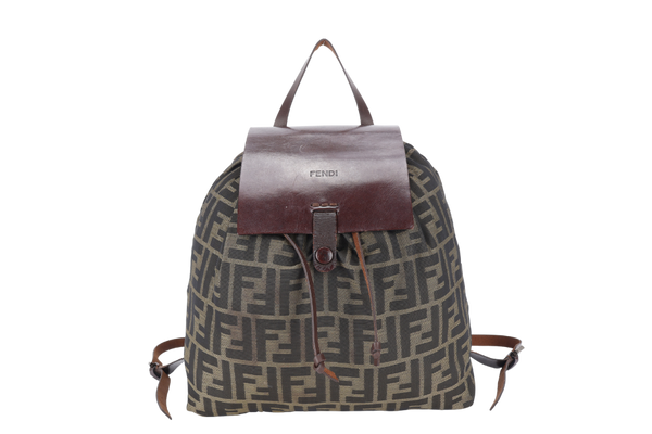 FENDI VINTAGE ZUCCA DRAWSTRING BACKPACK BROWN MONOGRAM CANVAS SILVER HARDWARE NO DUST COVER