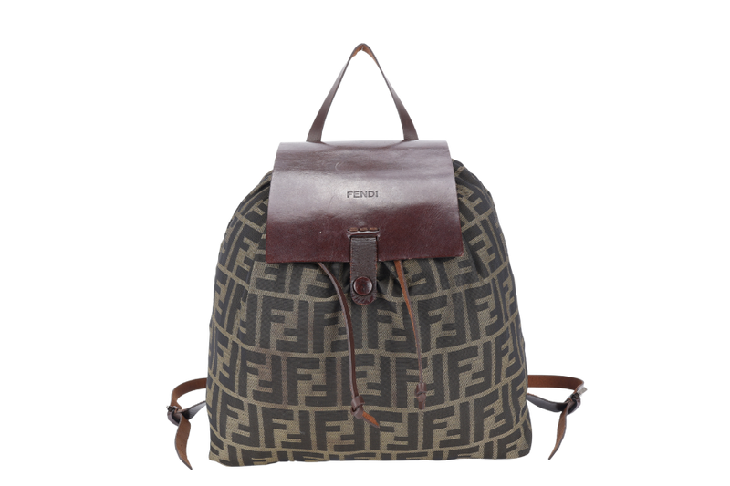 FENDI VINTAGE ZUCCA DRAWSTRING BACKPACK BROWN MONOGRAM CANVAS SILVER HARDWARE NO DUST COVER