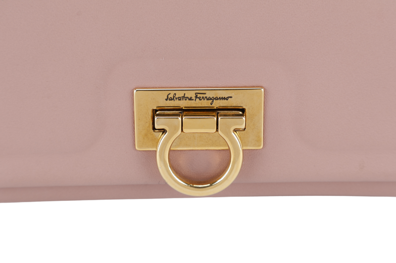 SALVATORE FERRAGAMO TRIFOLIO FLAP BAG SMALL ANTIQUE ROSE CALFSKIN GOLD HARDWARE WITH DUST COVER