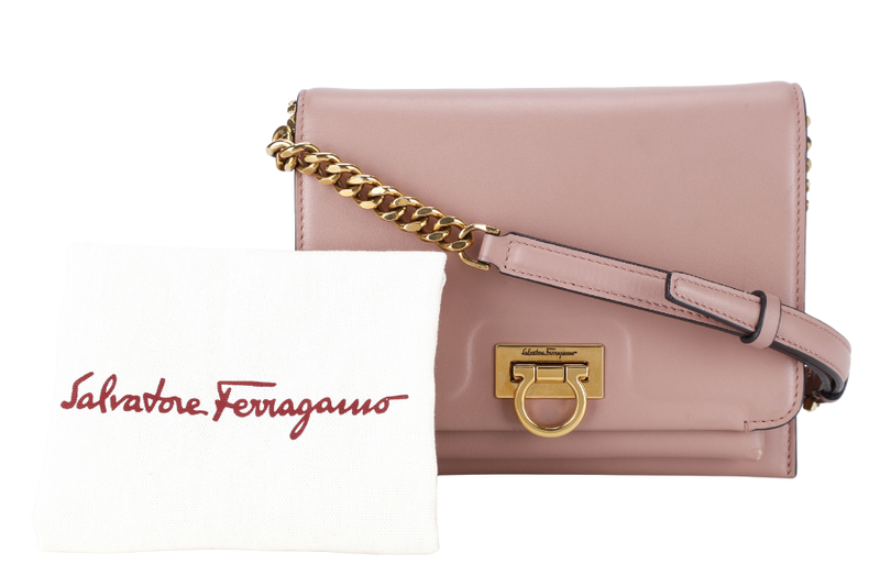 SALVATORE FERRAGAMO TRIFOLIO FLAP BAG SMALL ANTIQUE ROSE CALFSKIN GOLD HARDWARE WITH DUST COVER