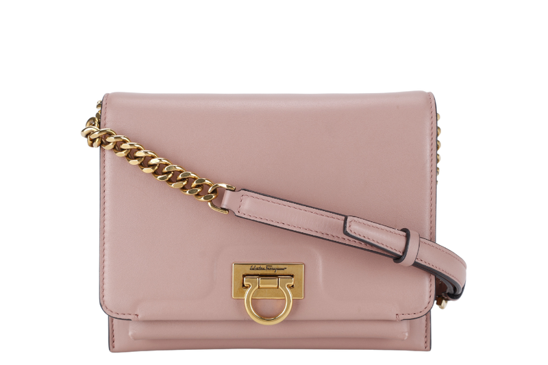 SALVATORE FERRAGAMO TRIFOLIO FLAP BAG SMALL ANTIQUE ROSE CALFSKIN GOLD HARDWARE WITH DUST COVER