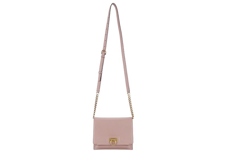 SALVATORE FERRAGAMO TRIFOLIO FLAP BAG SMALL ANTIQUE ROSE CALFSKIN GOLD HARDWARE WITH DUST COVER