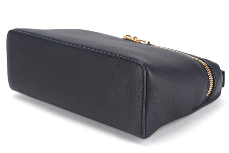 LORO PIANA EXTRA POCKET POUCH 19CM BLUE BLACK COLOR CALF LEATHER GOLD HARDWARE, WITH STRAP, DUST COVER & BOX