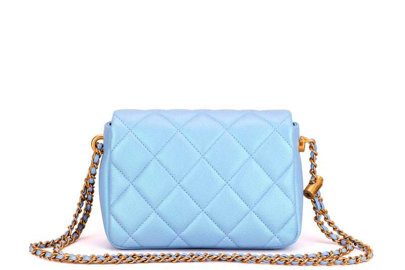 CHANEL 21K PERFECT SQUARE (KN1Cxxxx), BLUE IRISDECENT CAVIAR LEATHER GOLD HARDWARE, WITH DUST COVER & BOX