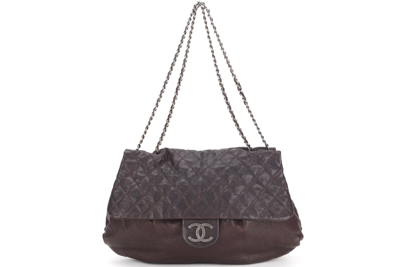 CHANEL DARK BROWN QUILTED DISTRESSED CAVIAR RUTHENIUM HARDWARE MAXI XL FLAP BAG (1403xxxx), WITH CARD, DUST COVER & BOX