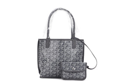 GOYARD ANJOU MINI TOTE BAG GREY LEATHER GREY CANVAS, WITH DUST COVER