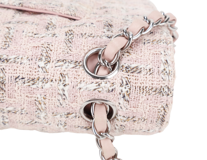 CHANEL CLASSIC FLAP (1004xxxx) MEDIUM PINK TWEED LEATHER SILVER HARDWARE WITH CARD