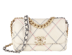 CHANEL 19 MIXED FIBER MEDIUM (3115xxxx) CREAM LAMSBKIN LEATHER GOLD HARDWARE WITH CARD AND DUST COVER