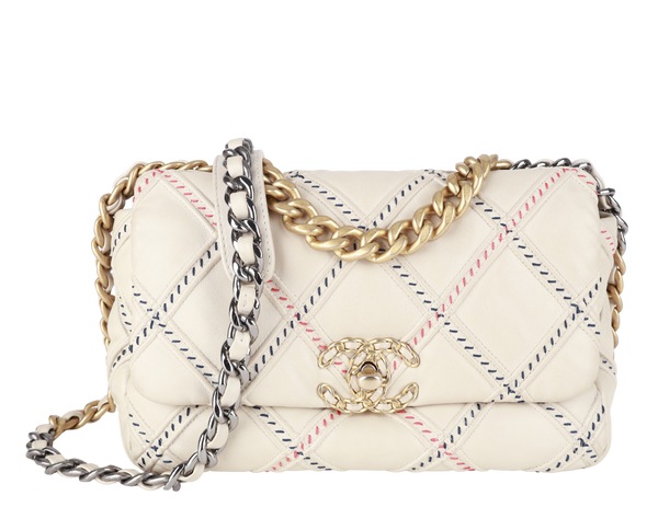 CHANEL 19 MIXED FIBER MEDIUM (3115xxxx) CREAM LAMSBKIN LEATHER GOLD HARDWARE WITH CARD AND DUST COVER