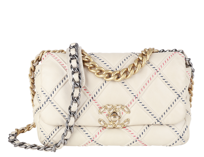 CHANEL 19 MIXED FIBER MEDIUM (3115xxxx) CREAM LAMSBKIN LEATHER GOLD HARDWARE WITH CARD AND DUST COVER