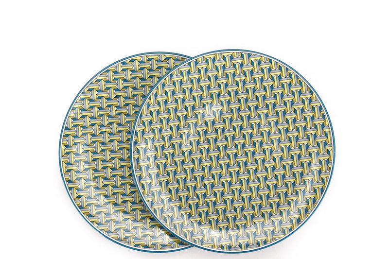 HERMES TIE SET DESSERT PLATE (SET OF 2), BLUE & YELLOW, WITH BOX
