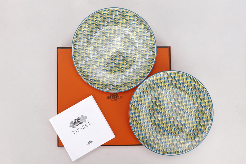 HERMES TIE SET DESSERT PLATE (SET OF 2), BLUE & YELLOW, WITH BOX