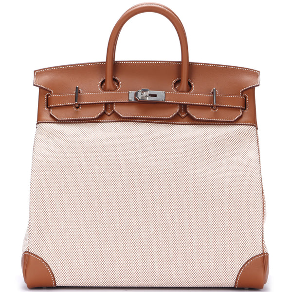 Hermes HAC 40 (Stamp Z), Criss Gold Evercolor Leather with Beige Toile,  Silver Hardware, with Keys, Lock, Dust Cover & Box