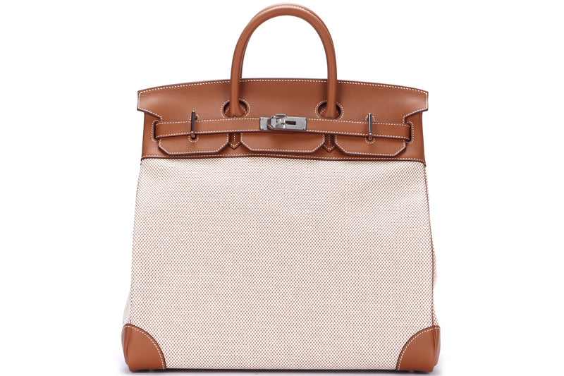 Hermes HAC 40 (Stamp Z), Criss Gold Evercolor Leather with Beige Toile,  Silver Hardware, with Keys, Lock, Dust Cover & Box