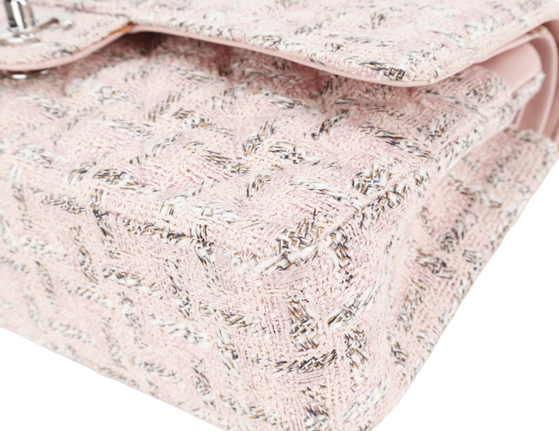 CHANEL CLASSIC FLAP (1004xxxx) MEDIUM PINK TWEED LEATHER SILVER HARDWARE WITH CARD