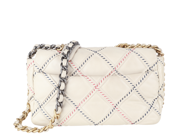 CHANEL 19 MIXED FIBER MEDIUM (3115xxxx) CREAM LAMSBKIN LEATHER GOLD HARDWARE WITH CARD AND DUST COVER