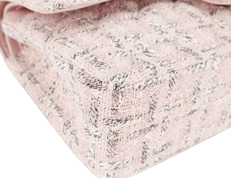 CHANEL CLASSIC FLAP (1004xxxx) MEDIUM PINK TWEED LEATHER SILVER HARDWARE WITH CARD