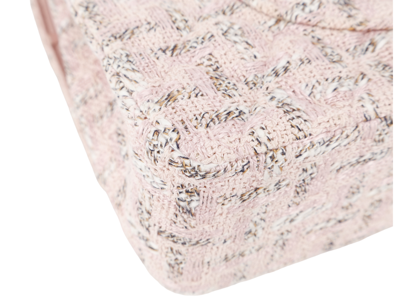 CHANEL CLASSIC FLAP (1004xxxx) MEDIUM PINK TWEED LEATHER SILVER HARDWARE WITH CARD
