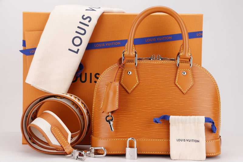 louis vuitton m57540 alma bb, gold miel epi leather, with strap, keys,  lock, dust cover & box