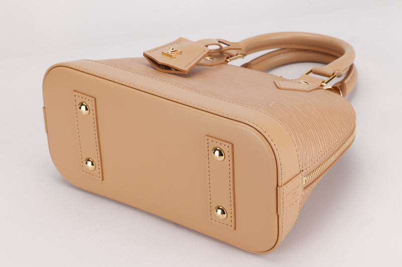 louis vuitton m22386 alma bb, camel color epi leather, with strap, keys,  lock, dust cover & box