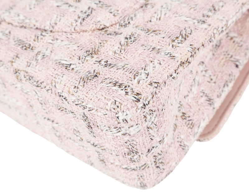 CHANEL CLASSIC FLAP (1004xxxx) MEDIUM PINK TWEED LEATHER SILVER HARDWARE WITH CARD