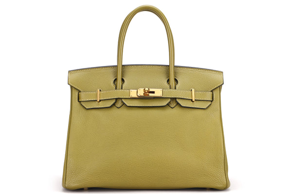 HERMES BIRKIN 30 (STAMP L) CHARTREUSE COLOR CLEMENCE LEATHER GOLD HARDWARE, WITH LOCK, KEYS & DUST COVER