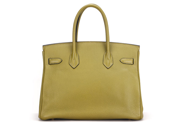 HERMES BIRKIN 30 (STAMP L) CHARTREUSE COLOR CLEMENCE LEATHER GOLD HARDWARE, WITH LOCK, KEYS & DUST COVER