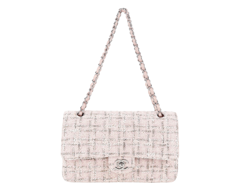 CHANEL CLASSIC FLAP (1004xxxx) MEDIUM PINK TWEED LEATHER SILVER HARDWARE WITH CARD
