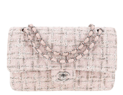 CHANEL CLASSIC FLAP (1004xxxx) MEDIUM PINK TWEED LEATHER SILVER HARDWARE WITH CARD