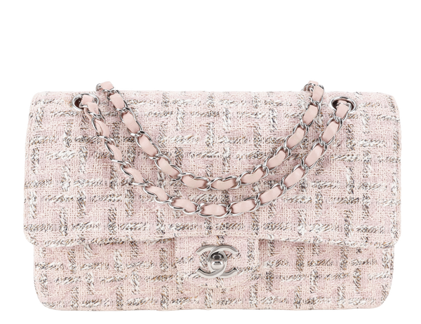 CHANEL CLASSIC FLAP (1004xxxx) MEDIUM PINK TWEED LEATHER SILVER HARDWARE WITH CARD
