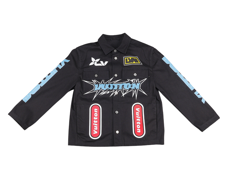LOUIS VUITTON BLACK AND WHITE GRAFFITI DENIM RACING JACKET SIZE 50
