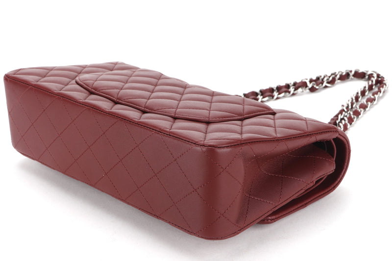 CHANEL CLASSIC FLAP (2838xxxx) MEDIUM SIZE MAROON LAMNSKIN SILVER HARDWARE, WITH CARD, DUST COIVER & BOX