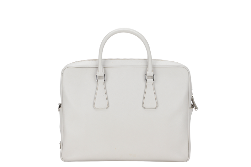 PRADA SAFFIANO LEATHER BRIEFCASE WITH CARD 2VE363 SILVER HARDWARE WITH STRAP AND DUST COVER