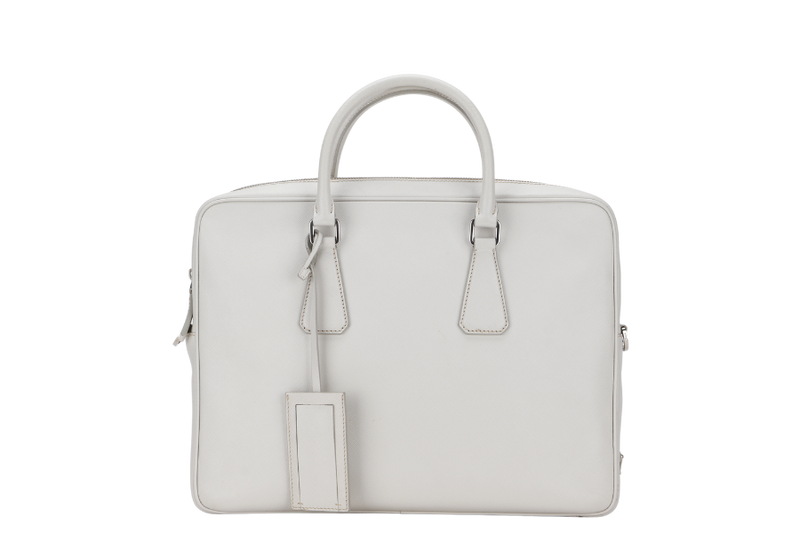 PRADA SAFFIANO LEATHER BRIEFCASE WITH CARD 2VE363 SILVER HARDWARE WITH STRAP AND DUST COVER