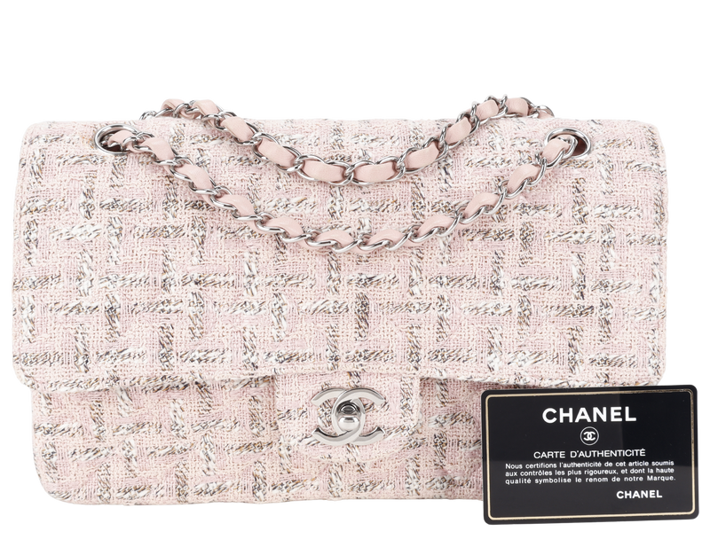 CHANEL CLASSIC FLAP (1004xxxx) MEDIUM PINK TWEED LEATHER SILVER HARDWARE WITH CARD