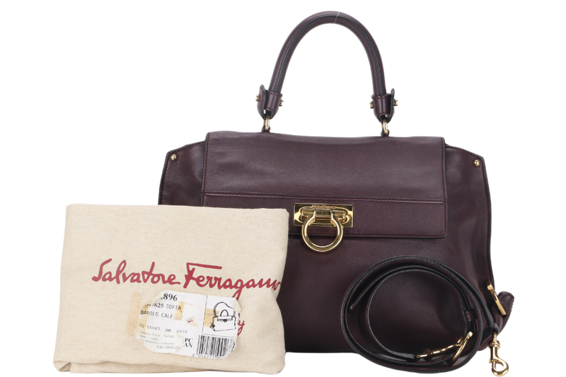 SALVATORE FERRAGAMO GANCINI SHOULDER BAG DARK PURPLE CALF LEATHER BW-21-A896 WITH DUST COVER