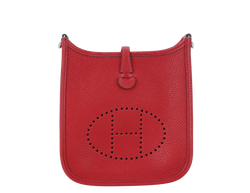 HERMES MINI EVELYNE TPM ROUGE CASAQUE CLEMENCE SILVER HARDWARE STAMP Q (2013) WITH STRAPS AND DUST COVER