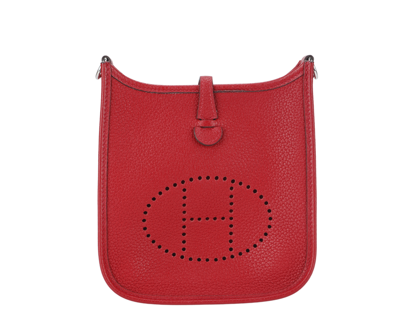 HERMES MINI EVELYNE TPM ROUGE CASAQUE CLEMENCE SILVER HARDWARE STAMP Q (2013) WITH STRAPS AND DUST COVER