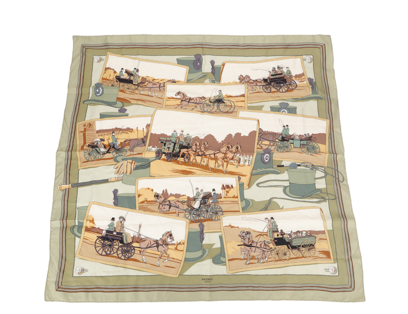HERMES CARRE 90 CARRIAGE SCARF GREEN SILK WITH BOX