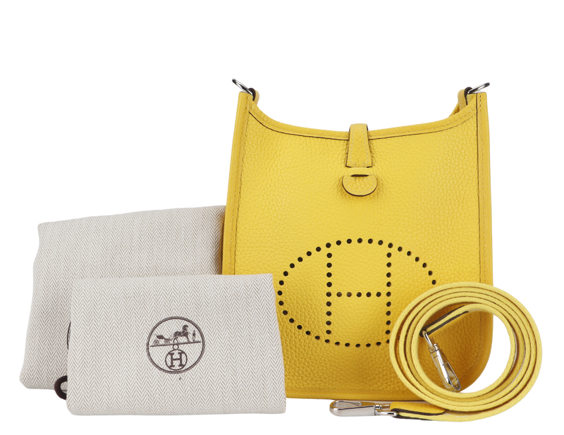 hermes mini evelyne tpm jaune naples clemence silver hardware stamp d 2019 with straps and dust cover