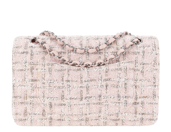 CHANEL CLASSIC FLAP (1004xxxx) MEDIUM PINK TWEED LEATHER SILVER HARDWARE WITH CARD