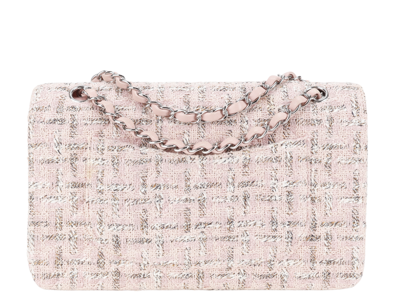 CHANEL CLASSIC FLAP (1004xxxx) MEDIUM PINK TWEED LEATHER SILVER HARDWARE WITH CARD