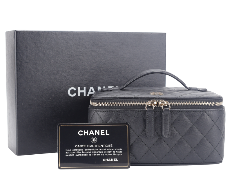 CHANEL VANITY CASE SMALL BLACK CAVIAR LEATHER GOLD HARDWARE (2450xxxx) WITH CARD AND BOX