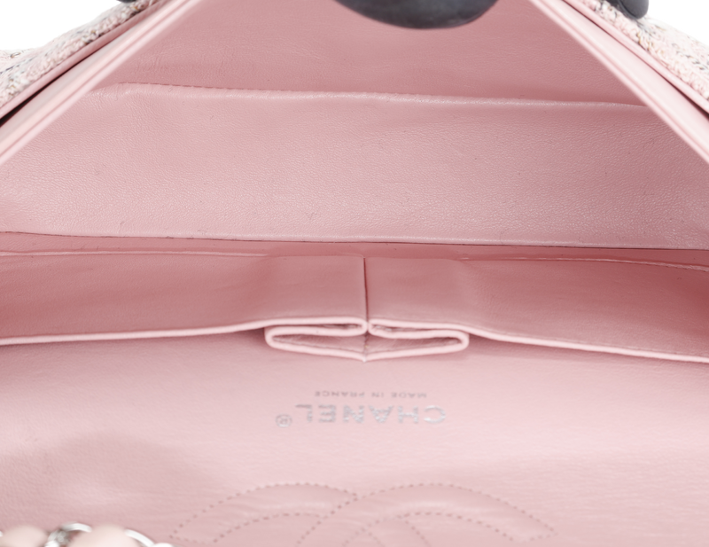 CHANEL CLASSIC FLAP (1004xxxx) MEDIUM PINK TWEED LEATHER SILVER HARDWARE WITH CARD